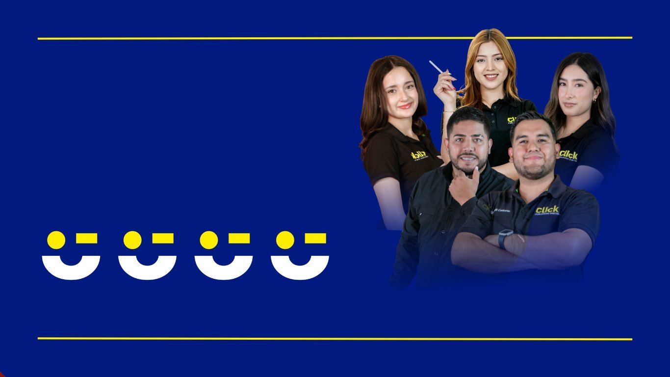 Five diverse team members smiling against a blue background with yellow smiley face logos on the left